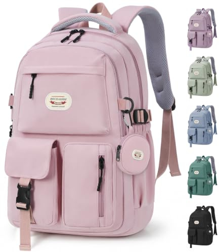 BECOJADDE Backpack School Bag for Women and Girls, 15.6 Laptop, Pink 25L | Lightweight rucksack, Water-resistant, Padded shoulder strap, Detachable coin purse, Anti-theft pocket, College, Work, Travel