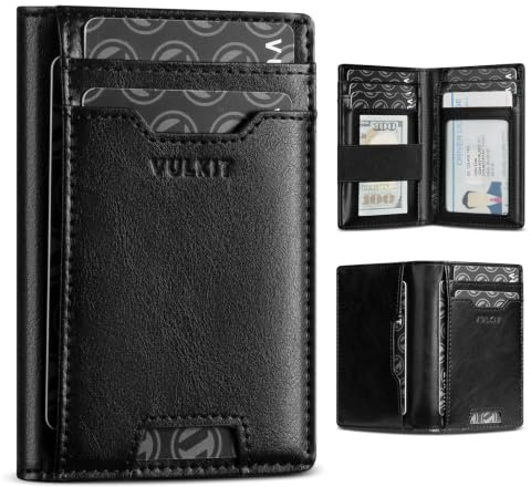 VULKIT RFID-blockerande kreditkortshållare, tunn plånbok i läder med framficka för män, korthållare med pengageband, handflatsstorlek plånbok, svart, 10.9 x 7.3 x 1.6 cm, Minimalistisk