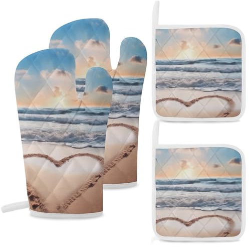 Set di 4 guanti da forno e presine a forma di cuore con stampa romantica da spiaggia, resistenti al calore, guanti da forno extra lunghi e cuscinetti caldi, guanti da cucina antiscivolo in poliestere