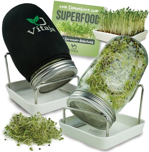Vitaja Sprossenglas Keimglas Set mit Keramikschale - Set für Sprossen Anzucht - (inkl. Abdunklungshülle) - Keimgläser für Sprossenzucht - Anzuchtset für die Fensterbank (2er Set)
