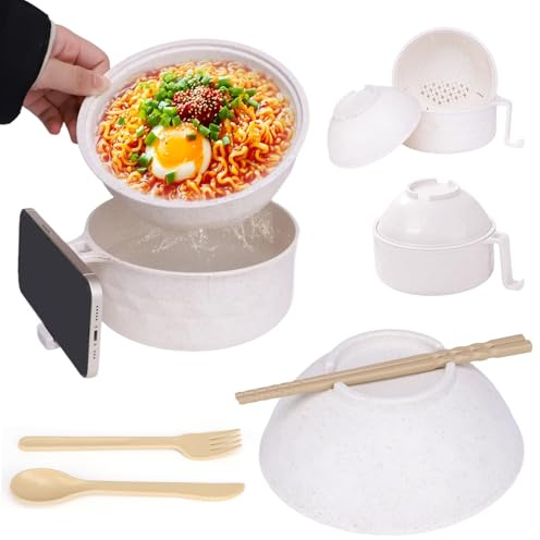 EOAMGO Ramen Bowl with Lid, Chopsticks and Fork - 1200ml Large Portable Soup Noodle Container for Microwave, BPA Free (White)