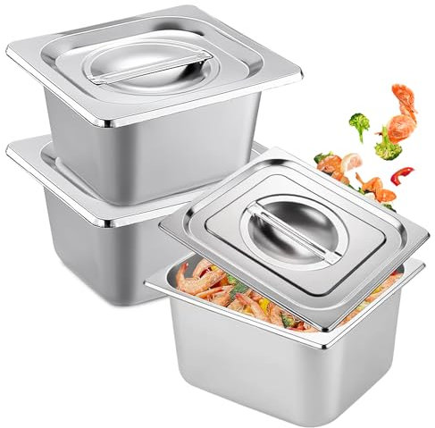 BORDEAG 3 Pezzi Vassoio in Acciaio Inox con Coperchio, Contenitori per Alimenti Inox, Ciotole per Impanare Inox,Vassoio Acciaio Inox, Contenitore Gastronorm (GN 1/6-17,5×16,5×10 cm)