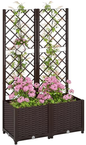 Outsunny Jardinera con Enrejado de PP Jardinera Exterior Grande con Ofricios de Drenaje y Reservorios de Agua para Plantas Trepadoras Macetero con Soporte para Jardín Patio Terraza 80x40x135 cm Marrón