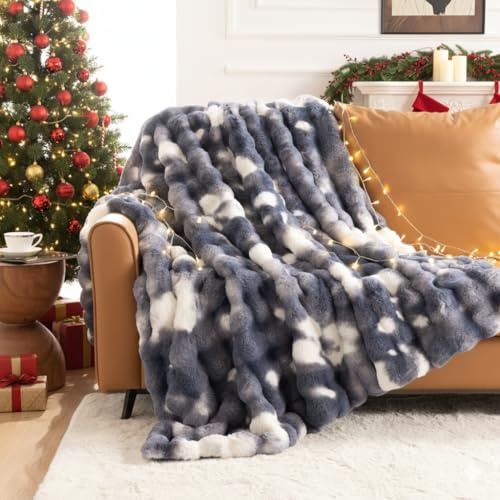 IKALIFE Weiche Kunstfelldecke Kuscheldecke Felloptik - Kunstfell Decke Plüsch Flauschig Felldecke Faux Kaninchenfell Decke Kuscheldecke Fell Bubble Decken für Couch Bett Sofa, 270 x 230 cm Blau