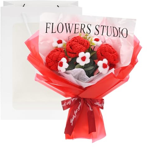 M METERXITY Mazzo Di Fiori All'uncinetto, Bouquet fare A Mano Con 3 Rose E 5 Margherite Artificiali Con Sacchetto Regalo Per Decorazioni Casa/Compleanno/Matrimonio/San Valentino [Rosso]