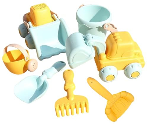 Juego de 7 Juguetes de Playa educativos para la Arena: montacargas, Pala, Cubo y Cuchara. Suministros de Viaje de plástico orgánico para niños y niñas. Juguetes de Arena para la Playa para niños
