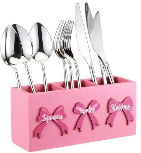 Patelai Pink Bow Wood Flatware Silverware Caddy for Countertop Small Decorative Christmas Utensil Holder Kitchen Counter with 3 Compartment Farmhouse Knife Spoon and Fork Holder for Party Kitchen