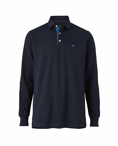 THE SAVILE ROW COMPANY LONDON Men's Classic Fit Cotton Pique Long Sleeve Button Collar Polo Shirt - Navy - Extra Large