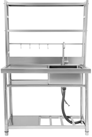Évier de cuisine en acier inoxydable 100 x 50 x 160 cm, avec 4 crochets et support de rangement supérieur, évier commercial avec meuble bas pour extérieur, buanderie, bar, restaurant