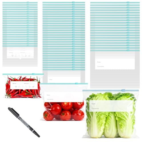 WOKICOR Sac congélation réutilisable 70 pièces, Sac zip hermétique alimentaire sans BPA, sac de conservation transparent stand up pour congélateur, viande, légumes, liquide et pique-nique famille