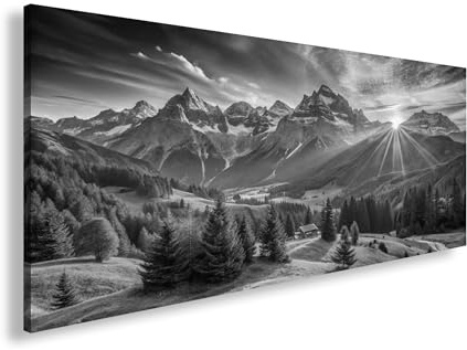 Leinwandbild Sonnenaufgang küsst die majestätischen Alpen Panorama 120x60cm Effekt: Schwarz&Weiß XXL Wandbild auf Keilrahmen/Kunstdruck/Bild Wohnzimmer Dekoration