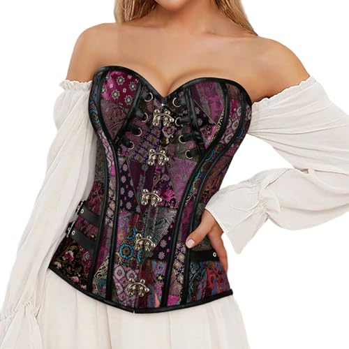Zanisouta Corsetto da donna a petto intero Steampunk, in raso, con corpetto gotico, con spalline, elegante biancheria intima Burlesque Bodyshaper in pizzo, canottiera shapewear Halloween, O vino, S