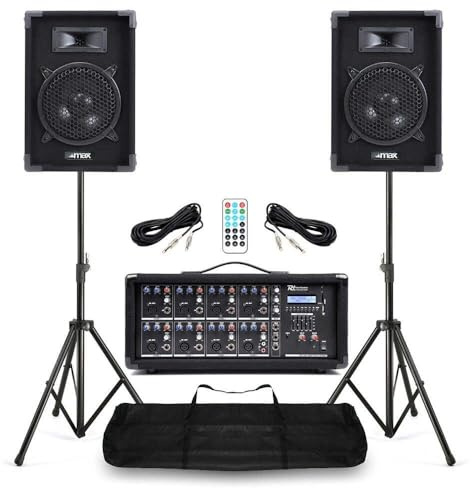 Power Dynamics & Vonyx Kleine PA Anlage für Bands Komplett Set – 8 Zoll Lautsprecher mit Stativen – 8 Kanal Mixer mit Verstärker & Bluetooth – 800 Watt Kompakte Beschallungsanlage mit USB, SD & Tasche