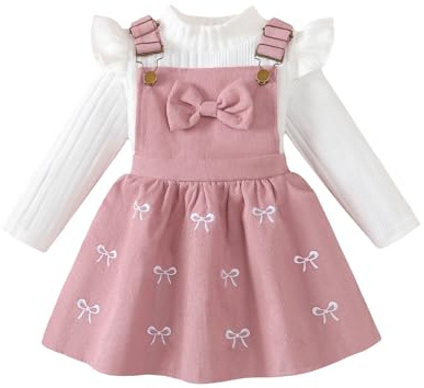 UUAISSO Vestiti per Bambine Maniche Lunghe Maglia a Coste Fiocco Velluto a Coste Gonna con Bretelle Abiti rosa 2-3 anni