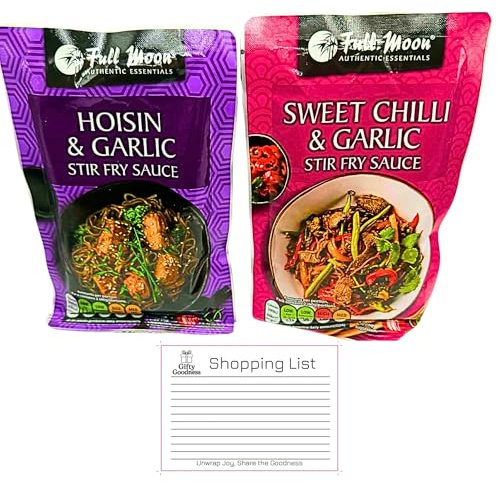 Full Moon Stir Fry Sauce 2 Pack – Sweet Chilli & Garlic + Hoisin & Garlic | Asian Cooking Sauce | Perfect for Noodles, Rice & Wok Meals | Includes Free Gifty Goodness Shopping List