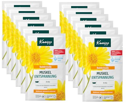 Kneipp Cristales de baño para relajación muscular, paquete múltiple, con valioso extracto de árnica y aceites esenciales de Cabreuva, romero y Pinus (12 x 60 g)