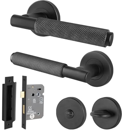 EAI Matt Black Door Handles with Bathroom Lock 64mm - Dolton | Complete Bathroom Kit with 1 Pair of Knurled Round Rose Door Handles, 64mm Lock and Thumb Turn Set, Fixings Included