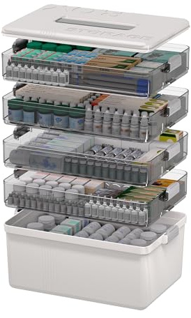 Kerhouze 5-Regal Medikamenten Aufbewahrung, 33.5X22X33.5cm Medikamentenbox mit Tragbarer Ledergriff, Multifunktionale medikamenten Organizer für Haushalt, Hobby, Medizinschrank