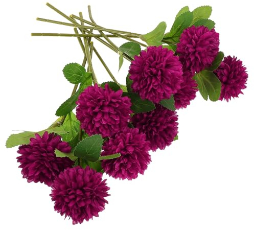 Zerodeko 10 Piezas Ramo de Flores Falsas de Crisantemo Rojo con Tallos Largos, Bolas de Flores Artificiales para Centro de Mesa, Decoración del Hogar y Arreglos, Adecuado para Bodas