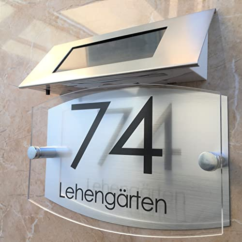 Modern Solar Hausnummer Hausnummernschild 1-9999 Straßenname LED Kristalleffekt Personalisiert
