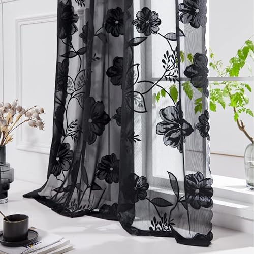 Treatmentex Spitze Vorhang Jacquard Gardinen mit Ösen Schwarze 3D Blumenmuster Halbtransparente Vorhänge Vintage Romantisch Dekoschal Ösenvorhänge für Mädchenzimmer Wohnzimmer,2 Stücke,140×225CM(B×H)