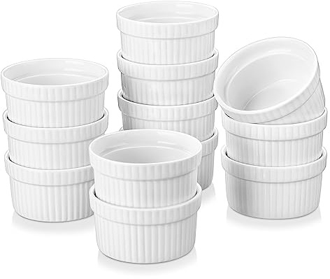 MALACASA Set di 12 Pirottini in Porcellana da 55 ml (5,9 x 3,6 cm) - Perfetti per Dessert Monoporzione, Buffet, Cene Eleganti, Dolci Personalizzati e Salse, Bianco, Lavabili in Lavastoviglie
