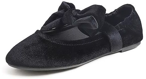 Feversole Women's Comfort Ballet Flats Strap Comfort Casual Mary Jane Black Velvet Big Bow UK Size 6
