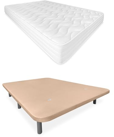 Somnia Descanso - Letto completo con materasso Sena 20 reversibile + base imbottita 3D rinforzata beige con 6 gambe metalliche filettate, 105 x 190 cm