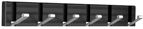 Garderobenhaken Aluminium,Stabile und Platzsparende Garderobenleiste mit 6 Beweglichen Haken,Moderne Kleiderhaken klappbar für Jacken,Mäntel,Hüten,Schals,Regenschirmen und Schlüsseln(Schwarz/Silber)