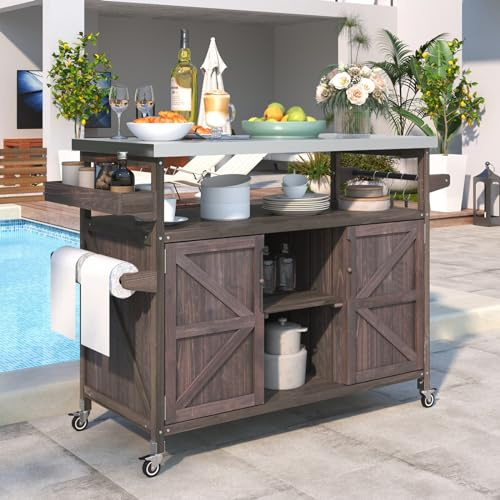 LITVZ Outdoor Bar Cart with Storage Cabinet, Portable Rolling Kitchen Island Outdoor Console Prep Table with Stainless Steel Top for Grill, Kitchen & BBQ (Dark Brown)