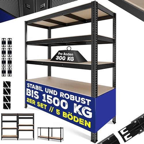 MASKO® Schwerlastregal Lagerregal Kellerregal 180x160x60cm, 1500kg belastbar, 5 verstellbare Ablagen, MDF-Platten Regal aus Metall, Steckregal, Werkstattregal Stahlgestell Garage Werkbank Schwarz