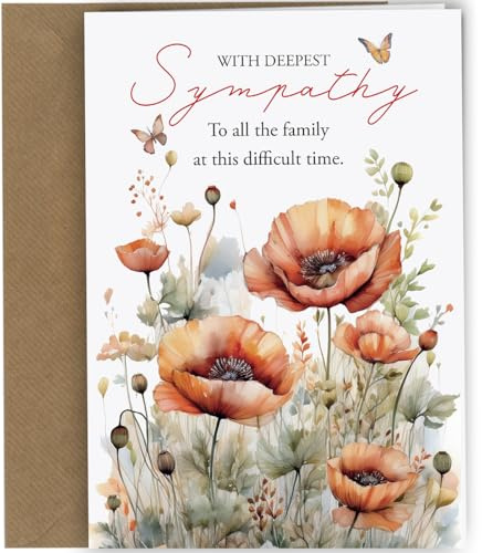Oscar Finks With Deepest Sympathy Bereavement Card to All the Family, Poppy Field Flowers Butterflies #1779