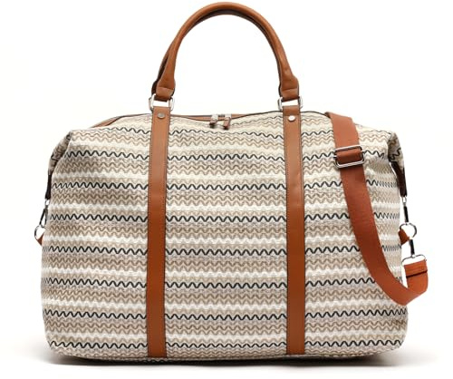 MISAKO Tarvos Bolsa Fin de Semana con Estampado Jacquard y Bandolera extraíble Mujer - Tarvos Beige 42x65x24cm