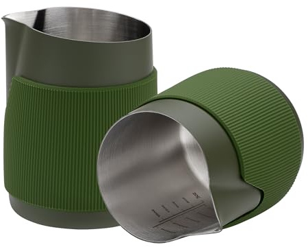 Normcore Handleless Milk Frothing Jug, Milk Pitcher 575.5 g, Stainless Steel Latte Art Pitcher with Sharp Spout, Heat Resistant Grip, Green, 600ml