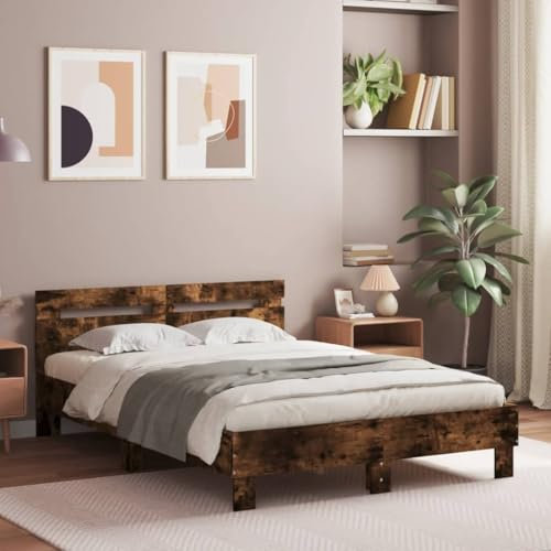 KTHLBRH Bettgestell Familienbett Doppelbett Schlafzimmer möbel Bettgestell mit Kopfteil LED-Beleuchtung Räuchereiche 135x190cm