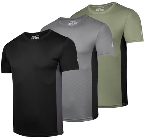 AMZSPORT Sportskjortor för män, 3/5-pack andningsbara och snabbtorkande kortärmade T-shirts för löpning, träning, fitness, Blackgreygreen-122020, L