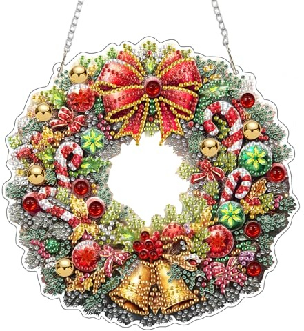 AIRDEA Weihnachtskranz Diamond Painting Fensterbilder, 5D Brillante Zuckerstangen Diamond Painting Fensterbilder Beidseitig, Bausätze für Diamantmalerei Suncatcher Erwachsene 8x8 inch