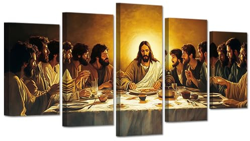CXHOSTENT Wandkunst „Das letzte Abendmahl“ 5-teilig Jesus-Leinwanddruck christliche Bilder religiöse Malerei Druck Gott-Poster Wohnzimmer Dekor gerahmt (30x40cmx2 30x60cmx2 30x80cmx1)