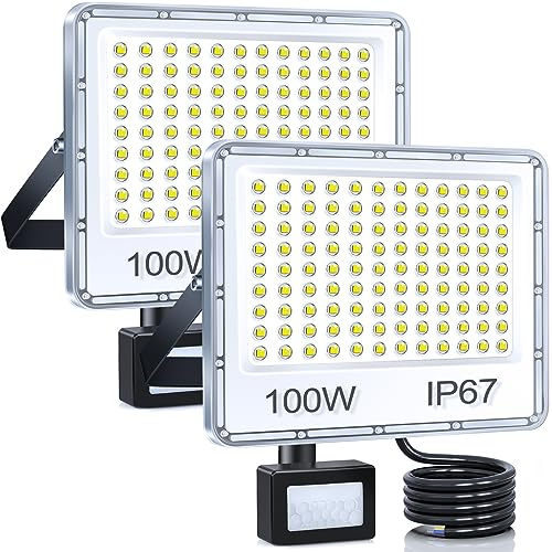 YIQIBRO Projecteur LED Extérieur avec détecteur 100W 10000LM, Lot de 2 | 6500K Blanc Froid Spot LED Extérieur Detecteur de Mouvement, IP67 Imperméable Lampe Exterieur pour Jardin Patio Cour Garage