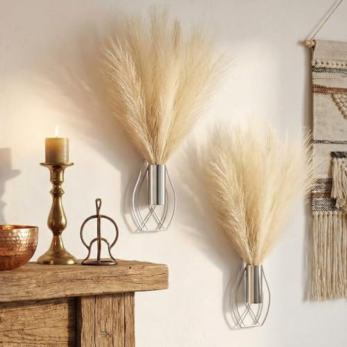 Otoolling 2 Pieces Hanging Plant Wall Decor with Artificial Pampas Grass Metal Hanging Vase Modern Geometric Farmhouse Bohemian Wall Art for Living Room Bedroom Kitchen Office (Silver, Beige)
