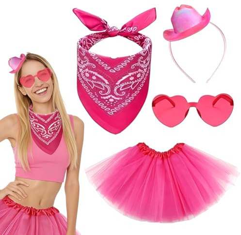 HTGWCG Rosa Cowboy Hut Damen Set Herz Brille Und Rosa Bandana Accessoires, Tütü Rock Retro 80er Party Halloween Karneval Party Kostüm, Mini Cowgirl Mini Cowboymütze Stirnband für Frauen