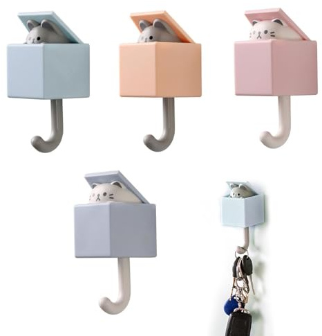 Klomveris 4 Pcs Cute Pet Hooks P-op Up Cat Wall Hooks Self Adhesive Key Holder for Wall Decorative Creative Hook for Coat Hat Towel Bag(Size:4 pcs)
