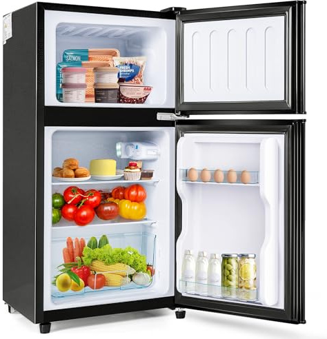 Gecheer Frigo a Doppia Porta, Scomparti Separati congelatore e Frigorifero, 60 L 86,8x45,5x42,5 cm, Nero, Regolabile in Altezza, Sette Livelli di Temperatura, per Cucina Soggiorno Stanza Piccola