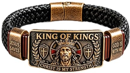 Bracelet Roi des Rois - Bracelet de poignet chrétien réglable, bracelet religieux en cuir tressé vintage pour hommes gravé de Jésus-Christ pour baptême, anniversaire, fête des pères, cadeaux chrétiens