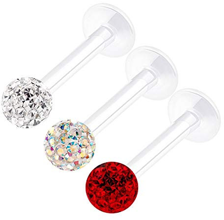 KJM FASHION 3 STK Flexibles Acryl Lippen 1.2mm 16gauge 8 mm 5/16 Inch 3mm Ferido Kristall Kugel Snakebites Vertical Labret Ohrringe Piercing Schmuck 2336