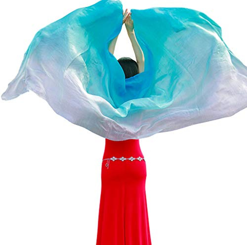 KIKIGOAL Women's 100% Silk Belly Dance Veils and Hand Scarves Gradual Colors 1.14x2.5m/98x45 (blue white)