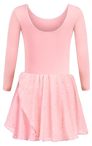 Trudge Mädchen Ballettkleidung Ballettkleid Kinder Langarm Baumwolle Balletttrikot Ballettanzug Tanzkleid Tanzbody mit Rock Tütü, A Rosa, 140 / 6-7 Jahre
