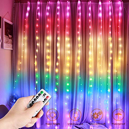 DazSpirit 280 LED Lichtervorhang, USB Lichterkette vorhang innen mit 8 Lichtmodi Fernbedienung und Timersteuerung, Wasserdicht für Hochzeit Weihnachten Schlafzimmer (Irisierend)