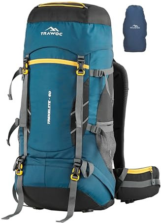 TRAWOC TREKELITE 60L Travel Backpack Hiking Trekking Bag Camping Rucksack for Men & Women with Water Proof Rain Cover/Shoe Compartment, English Blue