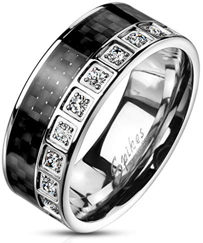 Paula & Fritz® Ring Damen Carbon-Inlay Zirkonia 316L Chirurgenstahl Gr. 62 (19,7) Silber/Schwarz Damen-Ring Partnerring Herren-Ring Freundschaftsring